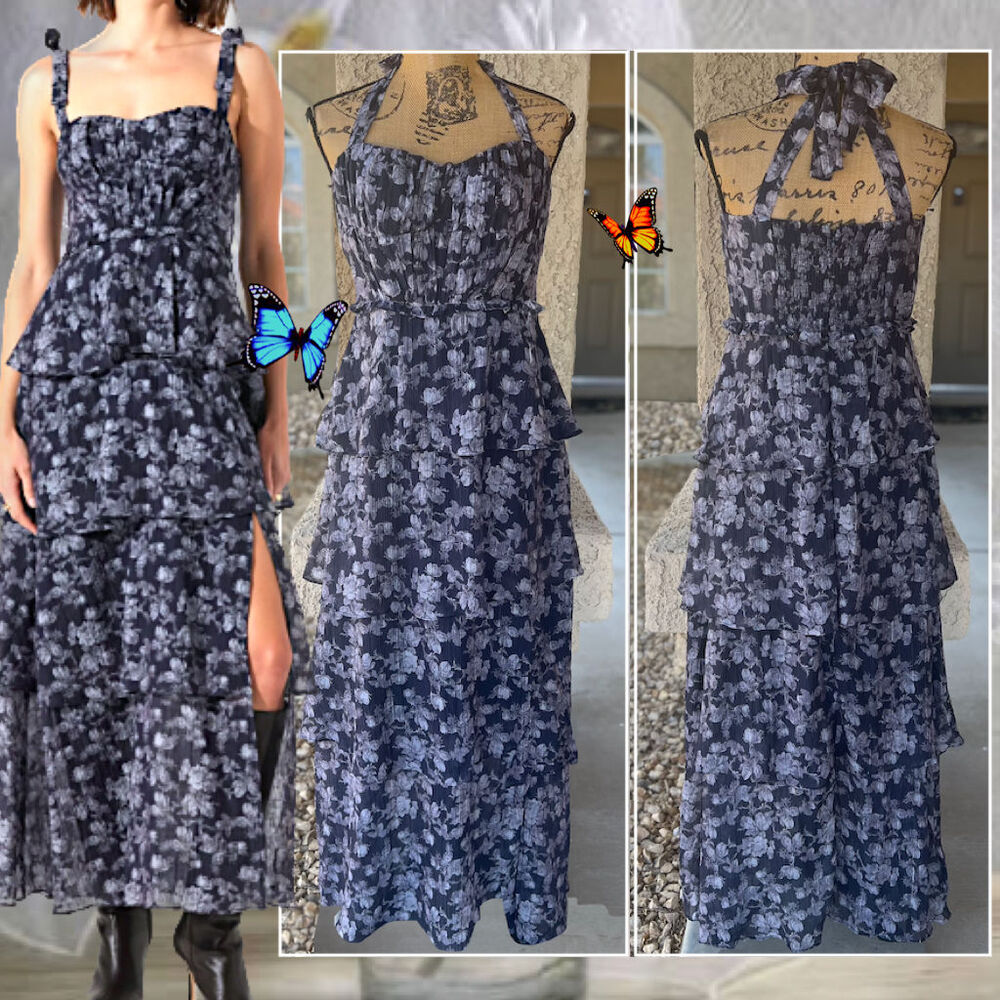 ASTR the Label Navy & Grey Floral Mellorie Dress Size L